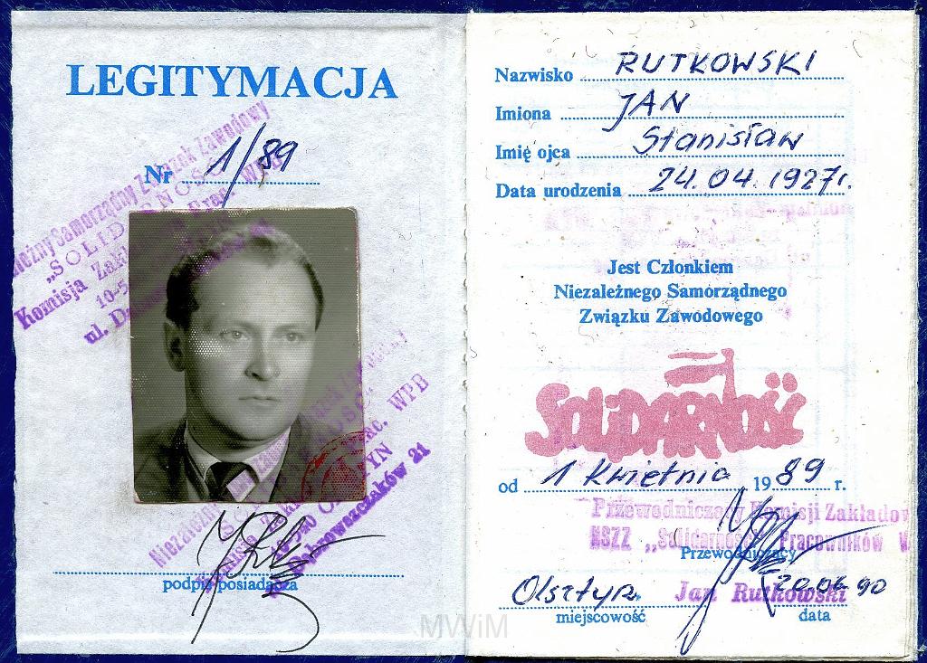 KKE 3270-2.jpg - Legitymacja Solidarność, Przewodniczący komisji zakładowej NSZZ "Solidarność Pracowników WPB", Jan Rutkowski, 1 kwietnia 1989 r.